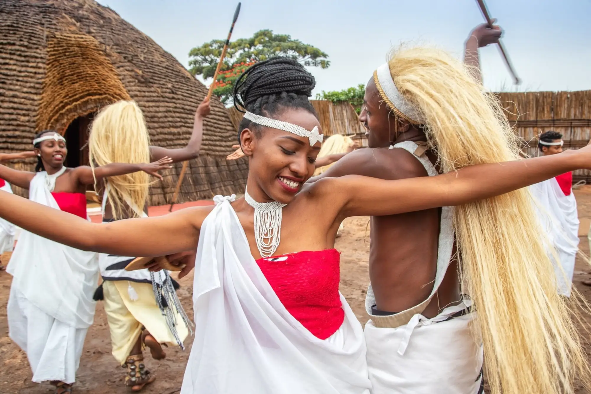 A tribe in Rwanda celebrating and dancing.