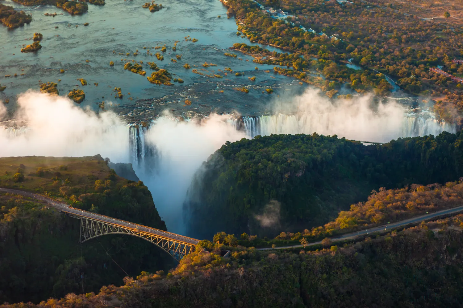 A bird's eye-view shot of Victoria Falls on the border of Zambia and Zimbabwe