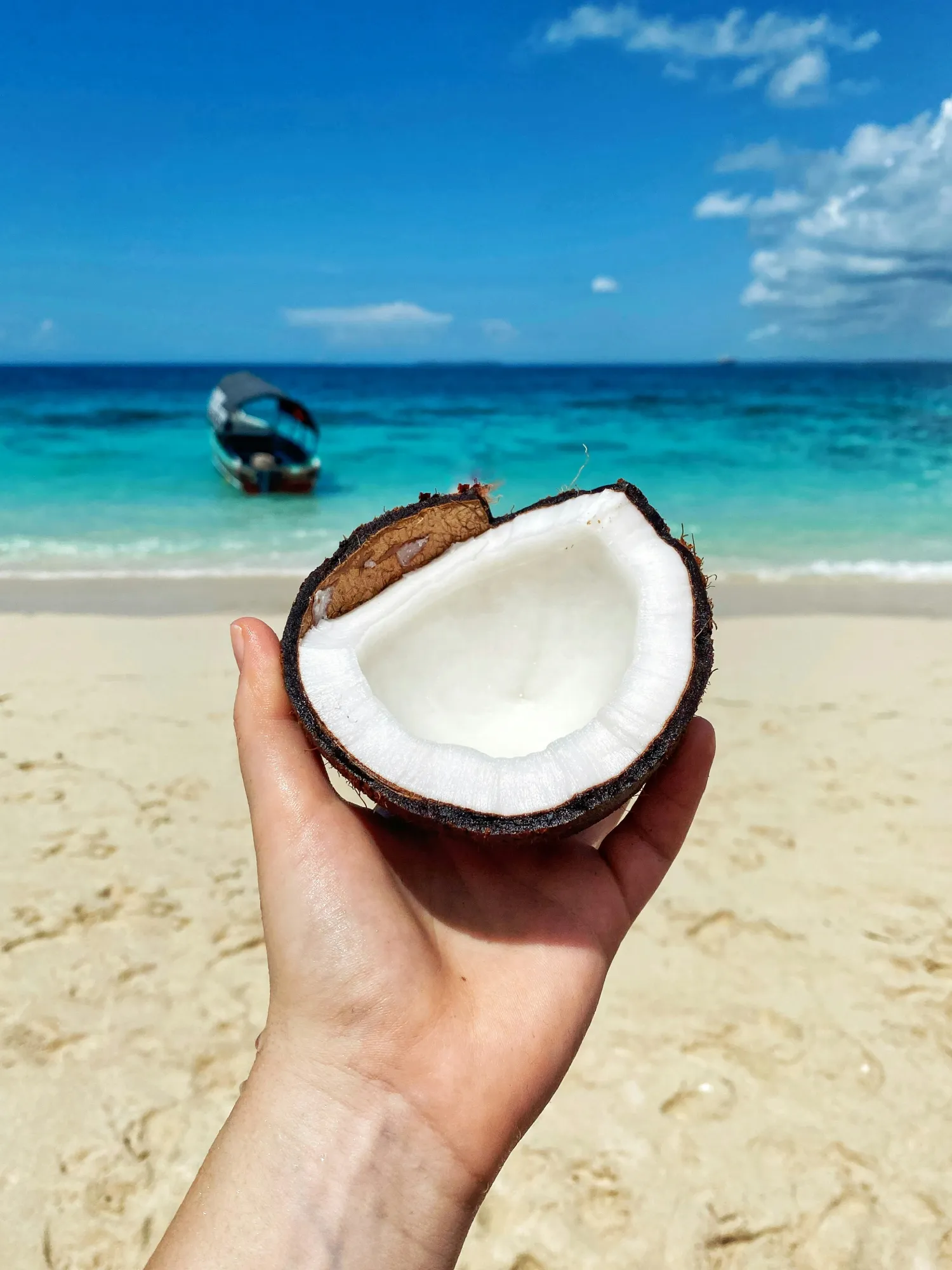 Someone enjoying a coconut on the sunny beaches of Zanzibar.