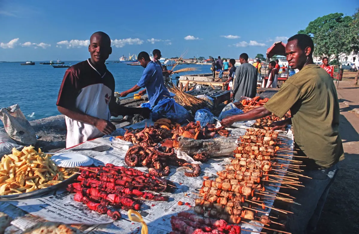 A variety of popular street food being sold in Zanzibar.